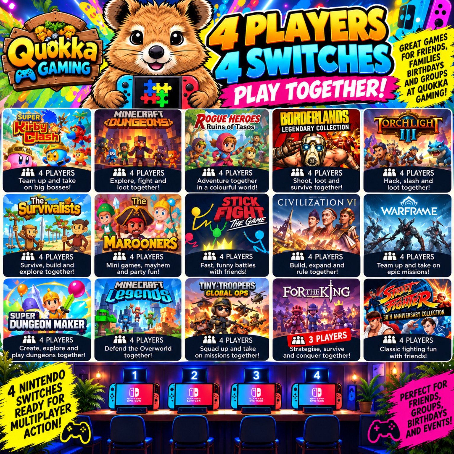 4 player Nintendo Switch games at Quokka Gaming