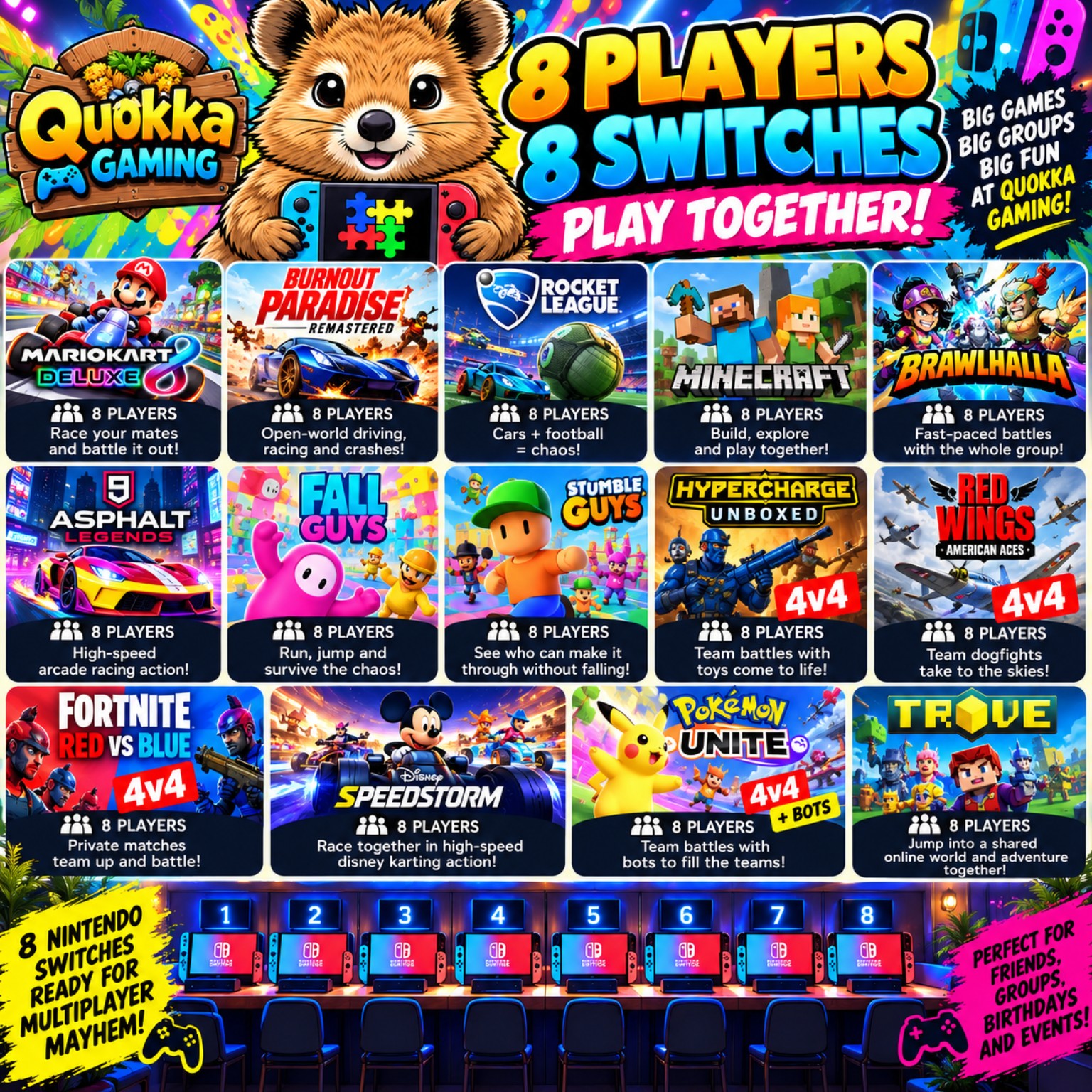 Quokka Gaming 8 players 8 Switches arcade games